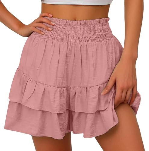 Short d'été élégant et ample pour femme - Bermuda pour vacances - Short de plage fin et extensible - Jupe courte de sport - Taille haute - Short à volants - Tendance - Double couche, rose gold, L