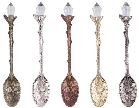 ANNASAMDO 5 Stück Vintage Espressolöffel, Kleine Kaffeelöffel Dessertlöffel Teelöffel, Retro Kristall Metall Löffel Dekorative Löffel Set für Kaffee Tee Dessert Mini Eis