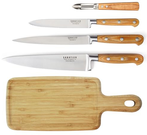 TROMPETTE - Set couteau de cuisine avec planche à découper - Essentiel - Acier 5Cr15MoV - Finition Satinée - 38.5 x 16 cm - Bois clair