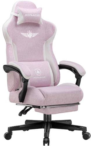GTPLAYER Gaming Stuhl, Ergonomischer Gamer Stuhl aus Leinen mit Lendenwirbelstütze, PC-Stuhl mit verbreiterter Rückenlehne, Belastbar bis 150 kg, Rosa