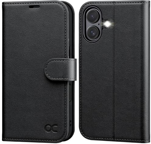 OCASE Hülle für iPhone 17 5G, Handyhülle Premium PU Leder Schwarz Litschi | Kartenfach Magnet Standfunktion RFID Blocker Stoßfest Lederhülle