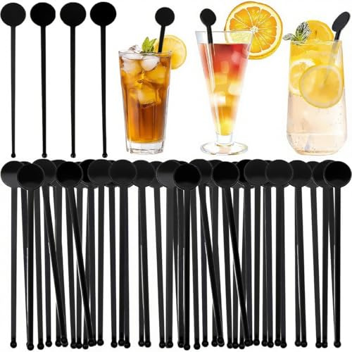 BetterJonny 100 Pcs Touillettes Cocktail Réutilisables 18cm Agitateurs à Cocktail Agitateurs Acryliques Colorés Décoratifs pour Café,Cocktail,Boissons(Noir)