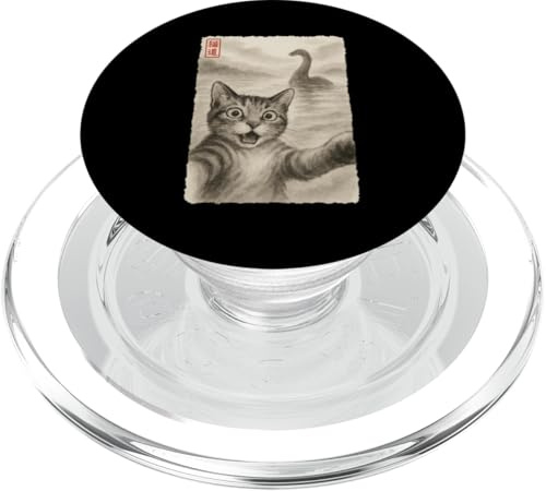 Lustige überraschte verängstigte Katze nimmt Selfie Loch Ness Sumi-e PopSockets PopGrip für MagSafe