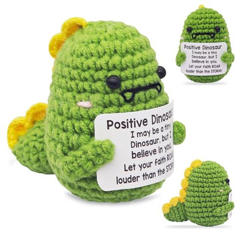 Positive Dino Kuscheltier, Pocket Hug Dinosaur, Positiver Glücksbringer | Handgestrickter Deko Glücks Dino, Motivationsgeschenke, Gute Besserung Geschenk, Einschulung Geschenk