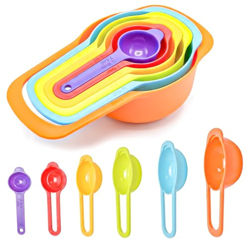 DAQUN 6 Pcs Measuring Cups Set, Cup Measurements Set, Stackable Rainbow (6 Colors) Baking Measuring Cups with Spoons, Re-usable for Dry and Liquid Ingredients
