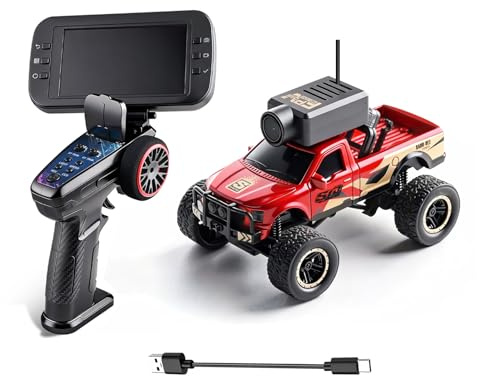 Hylukon WLtoys 1:64 Mini RC Car with HD Camera, 2.4G 4WD FPV Remote Control Off-Road Vehicle with Display Screen, Gyro, LED Lights, APP Controlled Model Vehicle (Red)