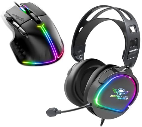 Spirit Of Gamer, Pack Souris + Casque Gamer Filaire RGB, Casque Gaming Noir avec Micro, Souris Gamer Filaire pour PC 12800 DPI avec 8 Boutons Programmables Dont 1 Rapid Fire