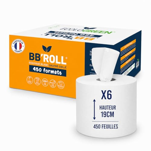 Lot de 6 Rouleaux-Bobines Essuyage Dévidage Central PaperGoodDeal – 450 Formats – 2 Plis Gaufré Collé – 100% Pure Ouate – 90 m par Bobine – Contact Alimentaire – Fabrication Française –