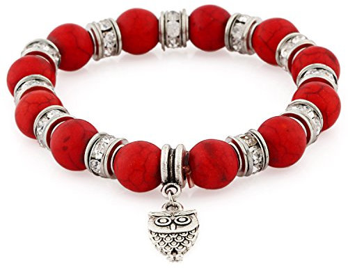 Morella Damen Armband Steinperlen mit Anhänger Eule und Zirkoniasteinen elastisch rot