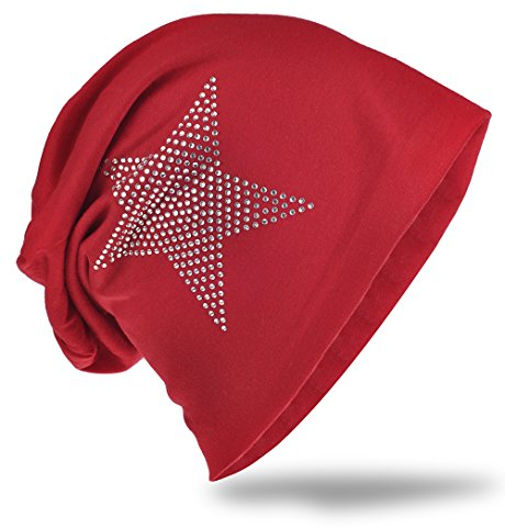 Miobo Jersey Slouch Beanie Long Mütze Stern mit Strass Stern Applikation,Weinrot