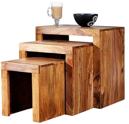 DESIGN DELIGHTS RUSTIKALES TISCHSET SHEESHAM 3 TLG. Beistelltisch aus Shesham Massivholz braun