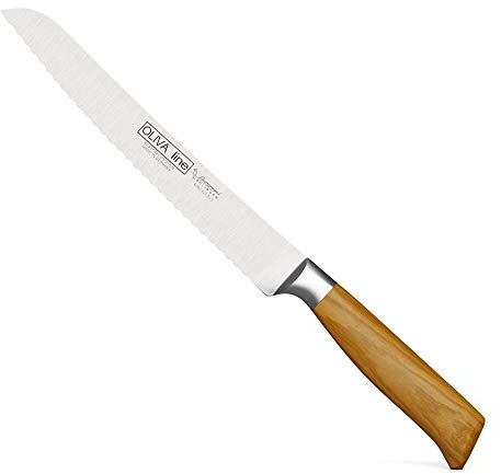 Burgvogel Solingen Brotmesser 23 cm geschmiedet Olivenholz, Oliva Line, Wellenschliff, rostfrei, hell, scharf, braun beige, 6990.926.23.2