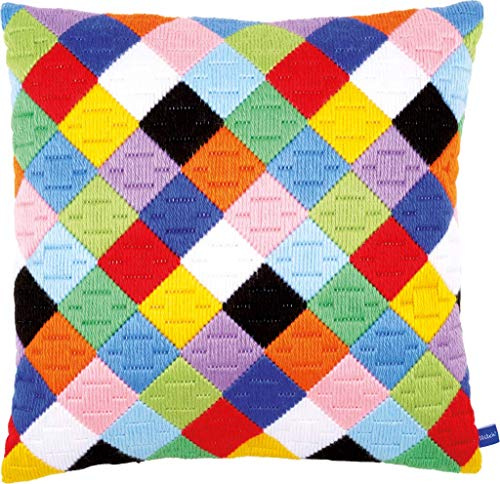 Vervaco Stickpackung Kissen Langstich Set FARBIGE QUADRATE Stickerei Set Anfänger Basteln Erwachsene Kreativ Set ca. 40 x 40 cm Bastelset Handwerker Handarbeit Zubehör Geschenkset