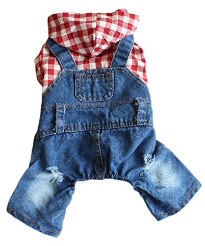 Camicia a quadri per cani e cani, maglione a quattro gambe, comodi jeans salopette, costume da cane, maglietta con cappuccio, tuta per cuccioli di piccola taglia (M)