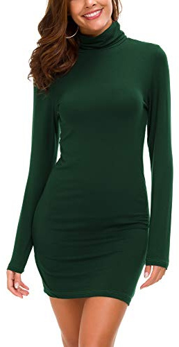 Femmes Casual Confortable Col Roulé Longues Manches élastique Mini Robe Sexy Bodycon Club Robe (M, Vert foncé)