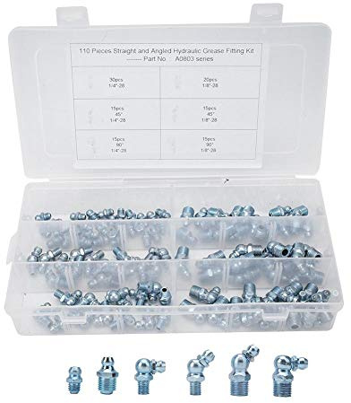 engrasador 1/8-110Pcs Engrasadores,Surtido de rácores de engrase,Boquillas de engrase hidráulicas Kits de surtido de engrase de engrase de metal galvanizado Kits 45 °1/8in-28