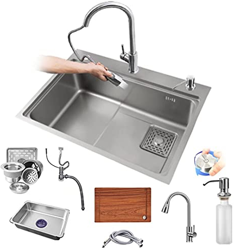 HGTRH Fregadero Visto Cocina,Fregadero De Cocina Completo Fregadero De Acero Inoxidable con Escurridor con 1 Agujero Desagüe Derecha Y Tubo Rebosadero sobre Encimera, Bajo Encimera O Enrasado