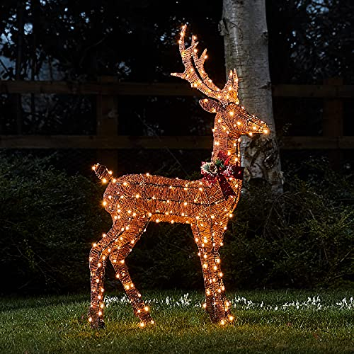Lights4fun 240er LED Braunes Harewood Rentier Glitzer Hirsch Figur warmweiß 130cm Timer Weihnachtsbeleuchtung für außen und innen Weihnachtsfigur
