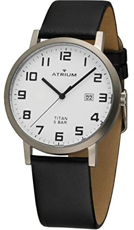 Atrium Herren-Armbanduhr Titan Analog Quarz mit Datum Anzeige und Leder Armband Schwarz A40-10