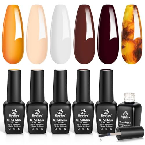 Beetles Gel Nail Polish with Blooming Amber Attraction, 5 Farben Weiß Burgunderrot Braun, 1 Stück, klarer, blühender Gel-Nagellack