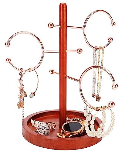 BELLE VOUS Presentoir Bijoux Bois à 4 Niveaux - Hauteur 26,5 cm - Porte Bijoux pour Bracelet, Collier, Bagues, Montres & Boucles d’Oreilles - Socle de Rangement en Bois & Crochets en Métal