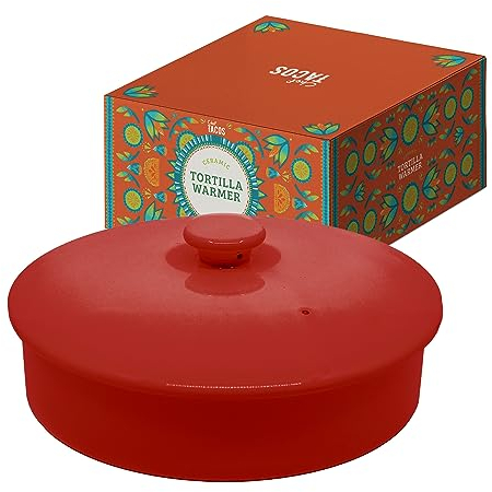 Chef Tacos Ceramic Tortilla Warmer, Microwavable, 20 cm (8-Inch), Tortilla Holder Container, Pancake Keeper, Best for Storage Tortilleros, with Lid (Red)