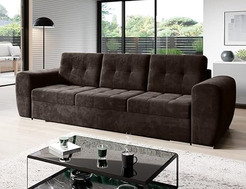 MODERNO Bari 3-Sitzer Sofa mit Schlaffunktion Couch Schlafsofa mit Bettkasten Schlafcouch Moderne Möbel ins Wohnzimmer Sofagarnituren Veloursstoff Steppsofa Braun