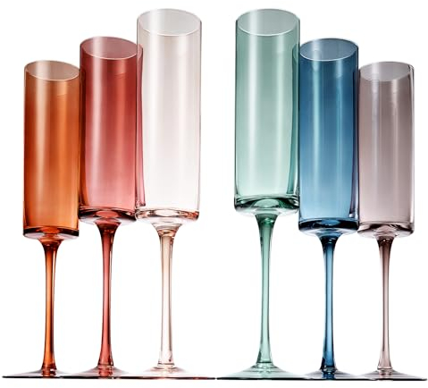 Khen Lot de 6 flûtes à champagne colorées | Lot de 6 verres à martini à pied style art déco vintage pour champagne, cocktail, margarita, mariage, idée cadeau, couleurs pastel discrètes uniques
