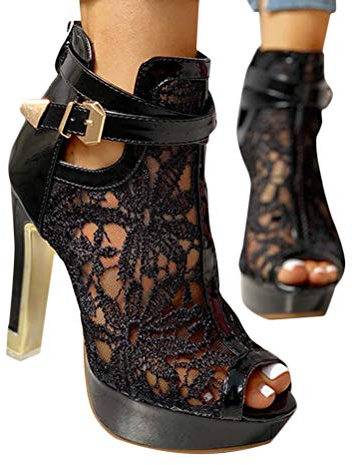Minetom Damen Sandalen Pumps Schuhe Lace Hohl Blockabsatz High Heels Open Toe Sandalen Abend Party Braut Sommerschuhe A Schwarz 42 EU