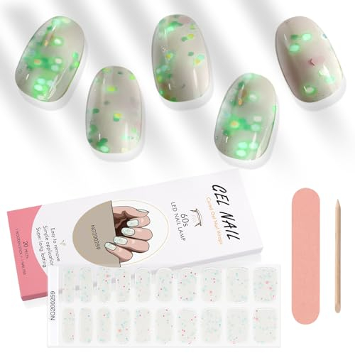 Kalolary 20PCS Luminous Glitter Semi Cured Gel Nail Polish Strips, Glow in the Dark Adhesive Full Wrap Gel Nail Art Sticker, Waterproof Gel Nail Wrap Stickers with Nail File and Stick, Pure White