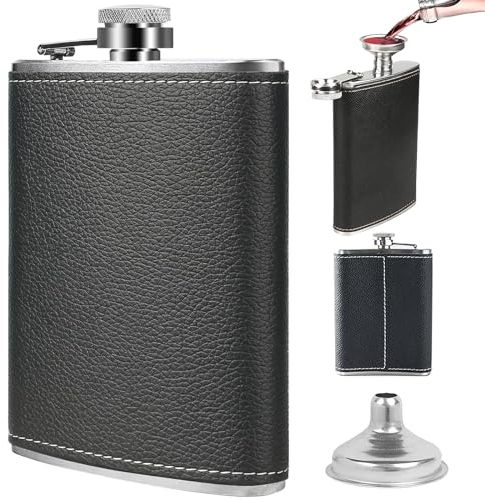 Mikqky Acier Inoxydable Noir Cuir Flasques Avec Entonnoir, Flasque De Poche En Acier Inoxydable, Flasques à Hanche pour Hommes, Flasque à Alcool Légère, Pour Les Voyages, 3,7 x 4,8 Pouces(8 Onces)