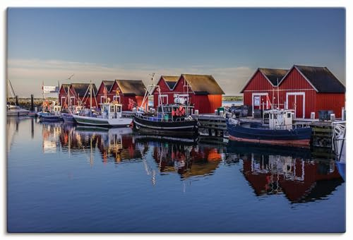 ARTLAND Wanddeko Leinwand Bilder Wandbild 120x80 cm Hafen Skandinavisch Boote Schiffe Fischerhütte Rot Ostsee Boltenhagen U4XR