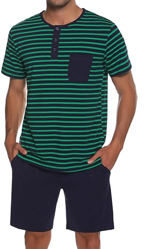 Leversic Pyjama Homme Été Ensemble Court à Manches Courtes - Vêtements de Détente Deux Pièces en Coton Confortable et Doux - Vert S