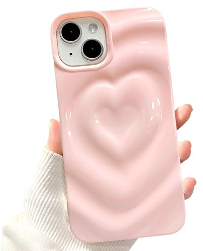 NITITOP Compatible for iPhone 15 Case Cute Love Heart Fashion Soft Silicone 3D Heart Silver Water Ripple Shockproof Women Girls Case Cover - Pink