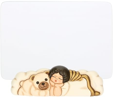 THUN, Portafoto con Angelo e Teddy in Ceramica Decorata a Mano e Vetro, Linea Baby, 14 x 4.7 x 7, Spazio Foto 14 x 17 cm