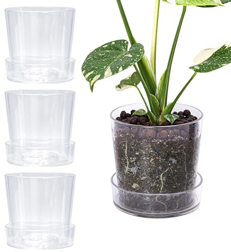 Phoenix Vine 6.5 Inch Clear Acrylic Planter Pot with Tray, Orchid Pot with Drainage Holes, Deep Saucer for Bottom Watering, Transparent Containers for Indoor Plants, Herbs, Set of 4, 91-A-F-4