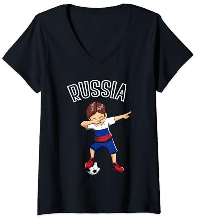 Damen Dabbing Fußball Junge mit Russland Trikot Russia Kinder T-Shirt mit V-Ausschnitt