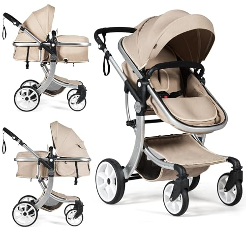 LIFEZEAL 2 in 1 Kinderwagen, Babywagen Klappbar mit verstellbarer Rückenlehne & Sonnenschutz, Reisebuggy mit Verdeck, Kombikinderwagen für Baby 0-3 Jahren (Beige)