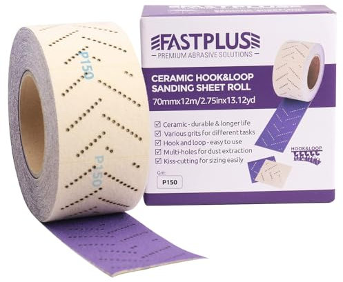 FASTPLUS Rouleau de Papier de Verre Céramique Violet 70 mm x 12 m Rouleau de Ponçage Automobile Multi-trous Pour Enlever les Revêtements, Ponçage Automobile, Grain 150