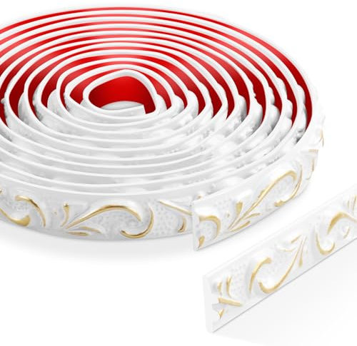 3 Metri Stacca e Incolla modanatura adesiva, 3D Rifiniture da Parete, Adesivo Cornice Specchio per Cornici di Specchi, Telai di Porte, Soffitti, Decorazioni per La Casa(Bianco con oro)