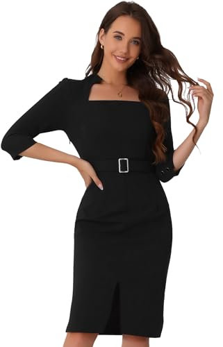 Allegra K Pencil Dress for Women's 3/4 Sleeve Belted Slit Retro Business Sheath Dresses Black M