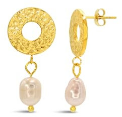 ARS-ARGENTI Boho Ohrringe Damen Mädchen Sterling Silber 925 Gold 18K - hypoallergen (Edle gehämmerte Ohrringe mit Perlen-Hänger CORA Edelstahl 18K vergoldet 32x15mm)