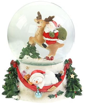 Schneekugel/Spieluhr 100mm mit Weihnachtsmann/Rentier– 14,5 cm Höhe, Mit Schneeflocken-Effekt und Weihnachtlicher Musik, zum Aufziehen