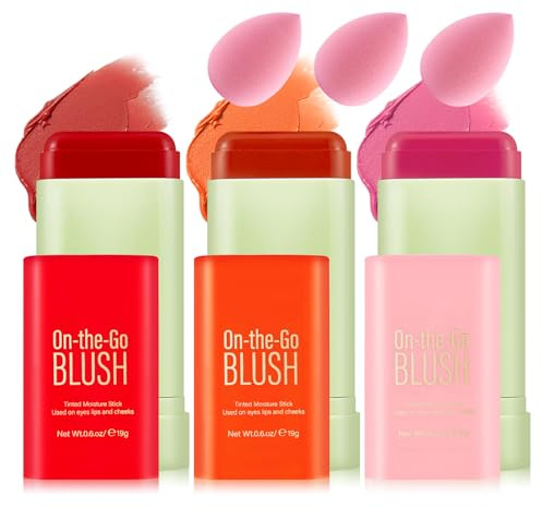 Blusher Sticks in 3 Colors with Makeup Sponges, Blush, Lip and Eye, High Pigmentation Blush Stick Set
