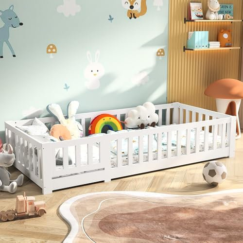 Montessori Cama de suelo 90 x 200 cm, con protección contra caídas, madera de pino maciza, con somier de láminas, adecuada para niños o niñas, soporta hasta 100 kg, color blanco, sin colchón