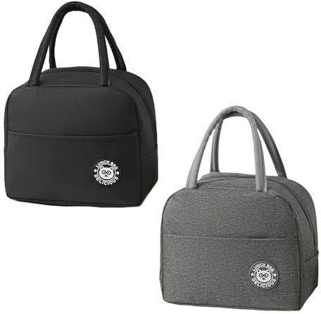 2 Stück Kühltasche Klein,Thermotasche für Essen,Essen Tasche für Arbeit,Lunchtasche Kinder,Lunch Taschen,Lunchbag Erwachsene,Essenstasche Unisex zum Büros,Schulen,im Freien,Picknicks (Schwarz,Grau)