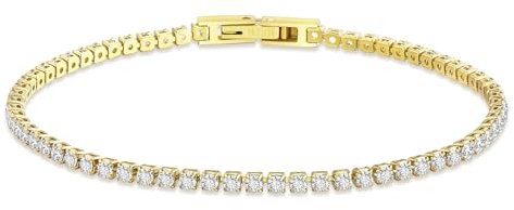 KRKC Damen Armband, 14K Gold Vergoldet 2mm Edelstahl Tennis Armband 5A Zirkonia, Nickel-frei Rostfrei Armkette Schmuck Geschenk für Frauen Geburtstag Muttertag Länge 17,8cm