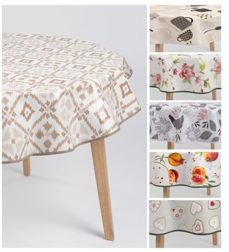 laro 140cm runde Wachstuch Tischdecke abwaschbar Wachstuchtischdecke mit Saum-Eingefasst-Paspelband, Muster:Karo Wellen Beige, Größe: Rund 140cm