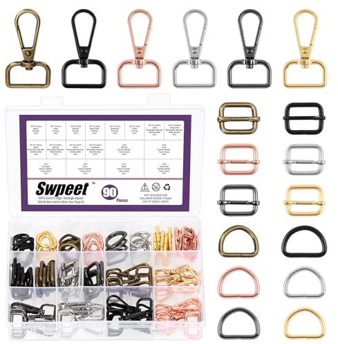 Swpeet 90Pcs 6 Colores 20MM Metal D Anillo y rectángulo ajustador tríglices diapositivas hebilla y D anillo giratorio langosta cierre Kit, semicirculares rodillo pin hebillas snap gancho para