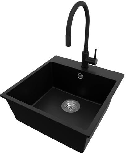 PRIMAGRAN Granitspüle ab 50er Unterschrank + Küchenarmatur, 48x50cm | Set: Küchenarmatur BW6020 + Ablauf-Set (Siphon, Ablaufgarnitur, Überlauf) + Spülbecken 1 Becken - Riga, Schwarz